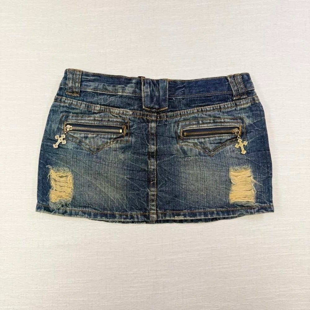 Y2K Distressed Denim Mini Skirt Low Rise McBling Cross Charm Womens S